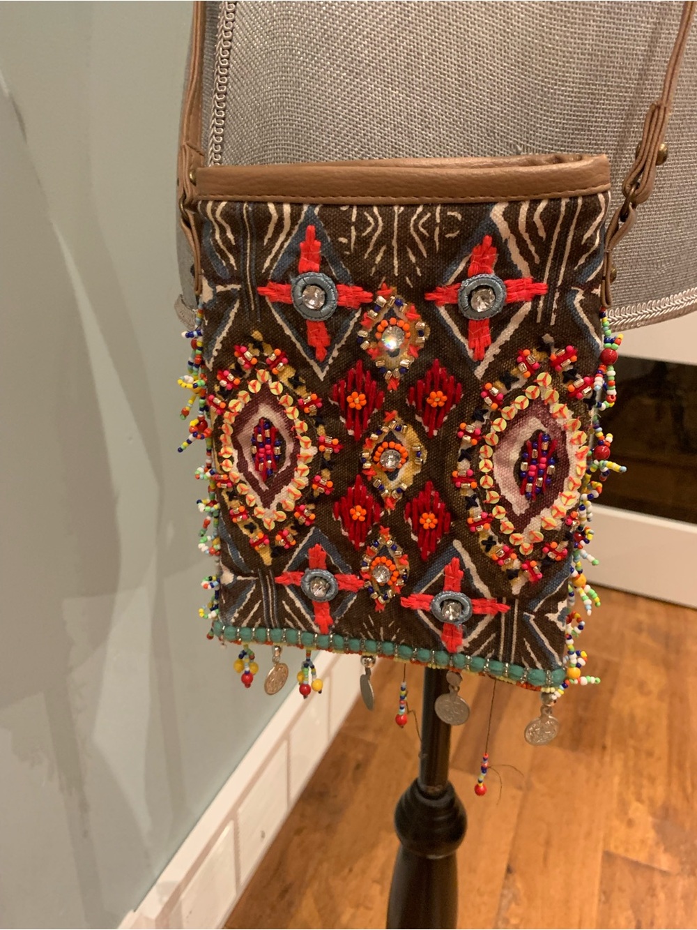 Charlie Paige Multicolor Beaded Embellished Crossbody with Tan Strap